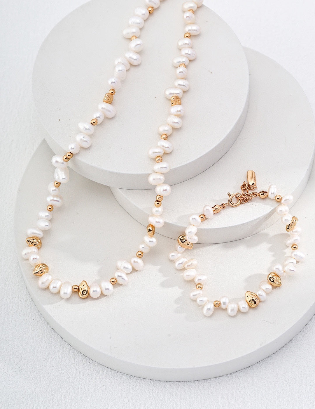 Melody Series - Beaded Pearl and Gold Bean Necklace