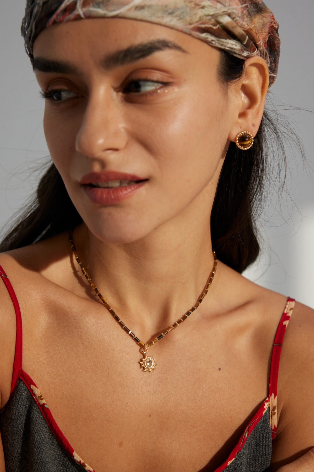 Tiger Eye Earring Studs on model zoom out