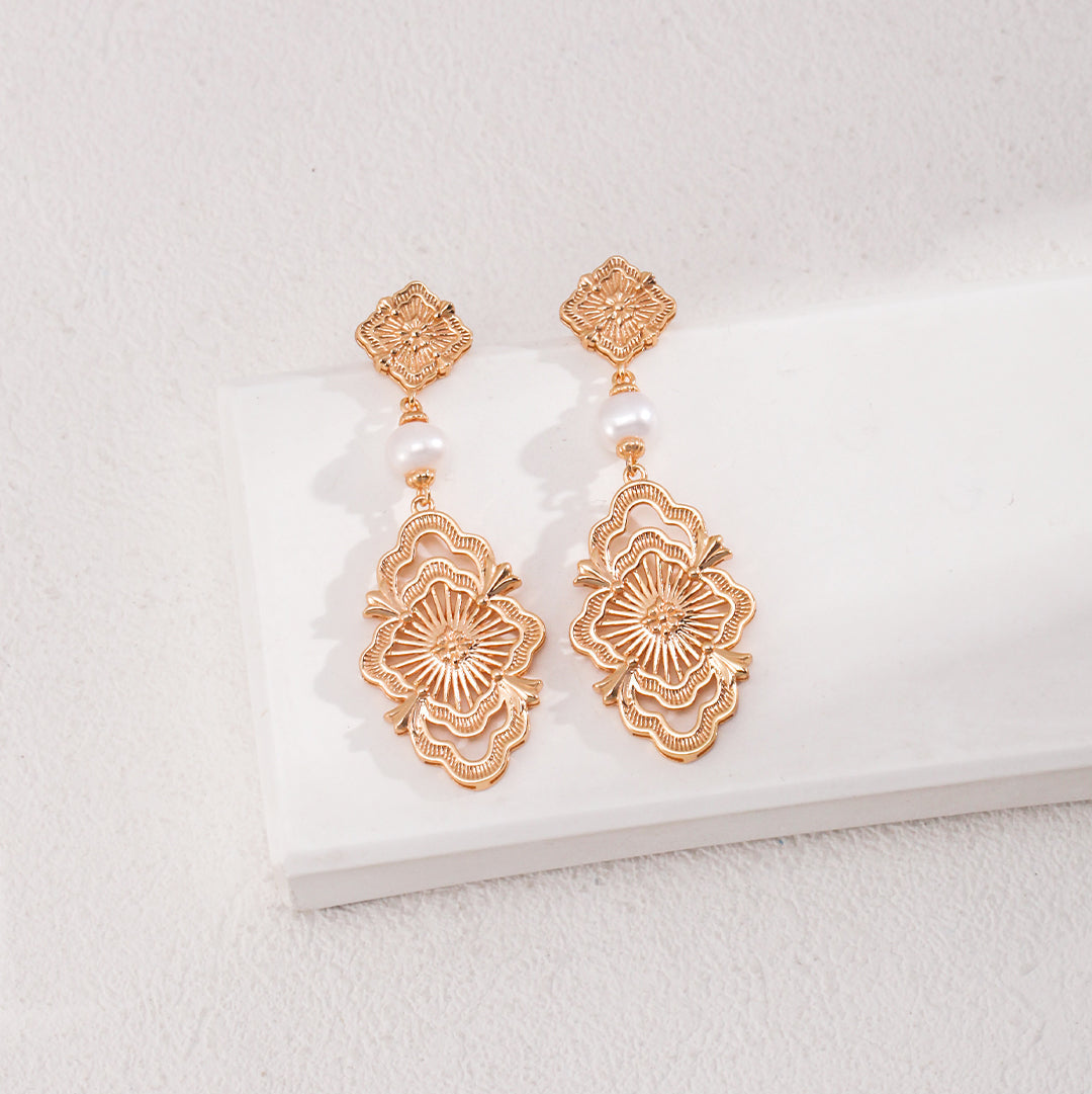 Vintage Lovers' Golden Lace Pearl Drop Earrings