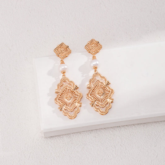 Vintage Lovers' Golden Lace Pearl Drop Earrings