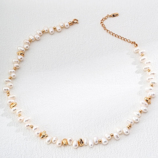 Melody Series - Beaded Pearl and Gold Bean Necklace